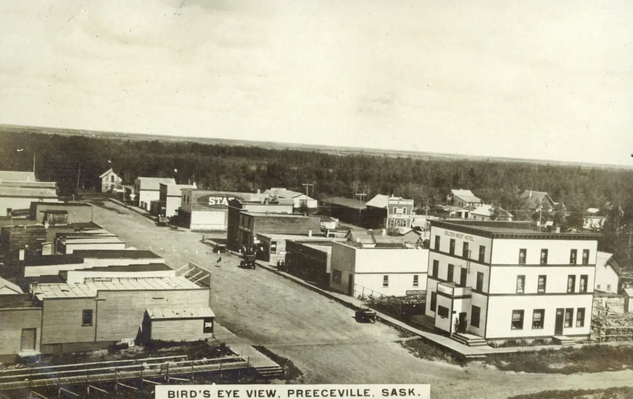 Bird's eye view of Preeceville, with the Golden West Hotel, about 1915